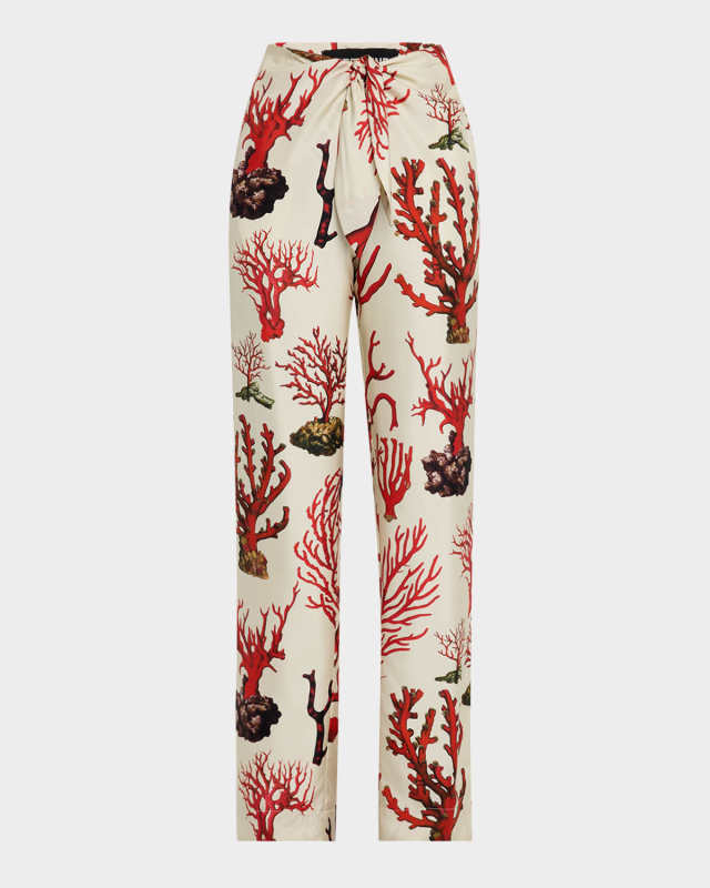 Venetian Coral Tie Wide-Leg Silk Pants